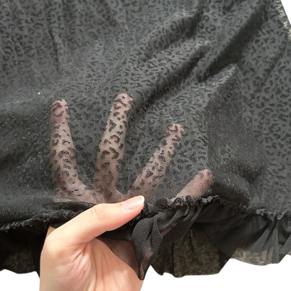 Y2K Black Leopard Print Sheer Mesh Lace Ruffle Trim Slip Mini Dress - Picture 5 of 6